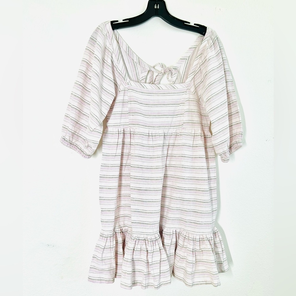 Stripe Balloon Sleeve Linen Mini Babydoll Dress